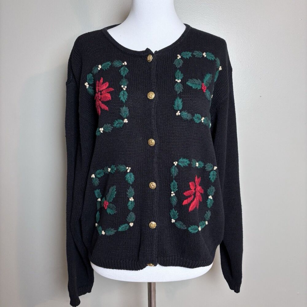 VTG 90s Milano Design Poinsettia Christmas Holiday Cardigan Embroidery Granny M